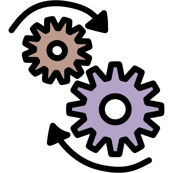 two gears one grey orange the other grey purple sit adjacent each other with an arrow arcing above the first gear and another arcing below the second. The first arrow points right the second left. The top gear is smaller than the bottom gear.